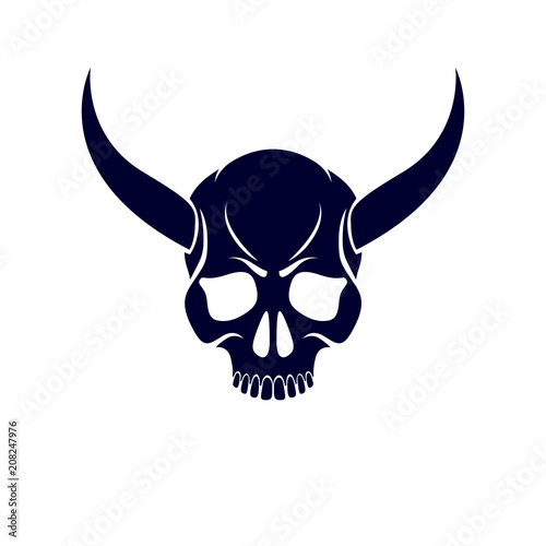 Vector scary scull graphic illustration. Demonic infernal creature, horned wicked Baphomet vector symbol.