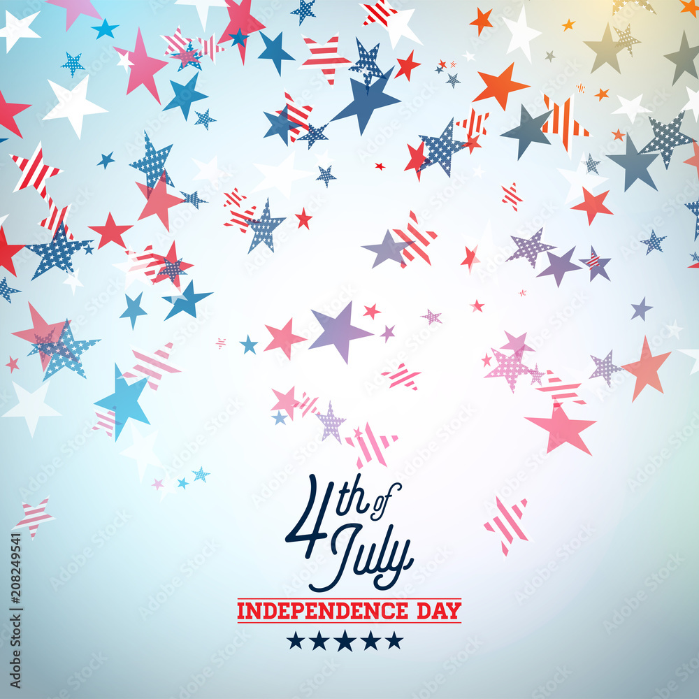 Independence Day of the USA Vector Illustration. Fourth of July Design with Falling Color Star and Typography elements on Light Background for Banner, Greeting Card, Invitation or Holiday Poster. Independence Day of the USA Vector Illustration. Fourth of July Design with Falling Color Star and Typography elements on Light Background for Banner, Greeting Card, Invitation or Holiday Poster.