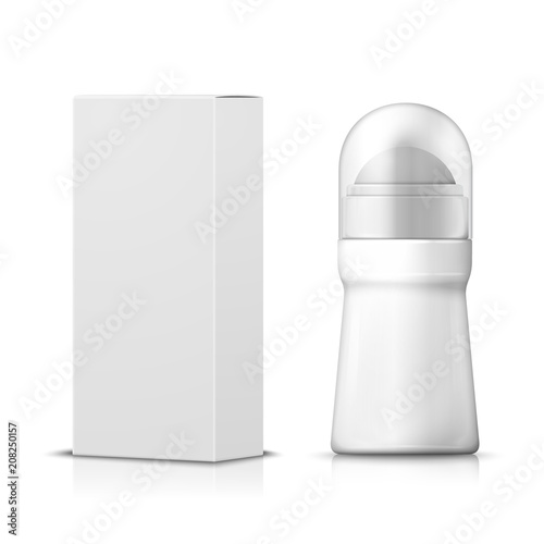 Vector 3d realistic deodorant with paper box. Mock-up for product package branding.