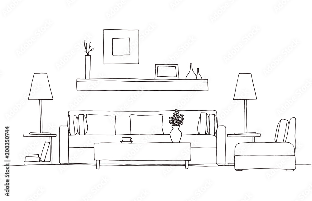 Fototapeta premium Sofa, chair, lamp and table with potted plant. Hand drawn vector illustration of a sketch style.