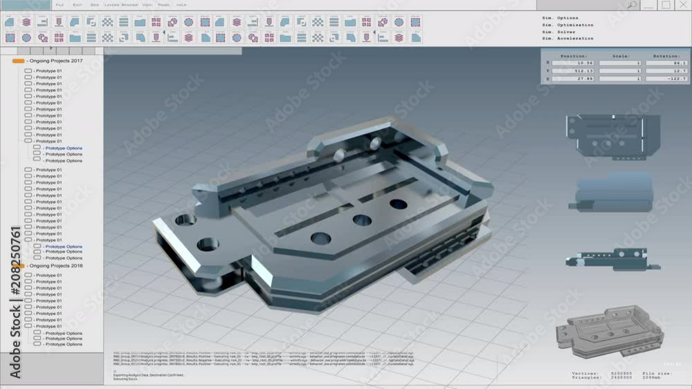 User Interface Mock-up: 3D Metallic Model of the Industrial Mechanism / Component / Shown in CAD Program. 