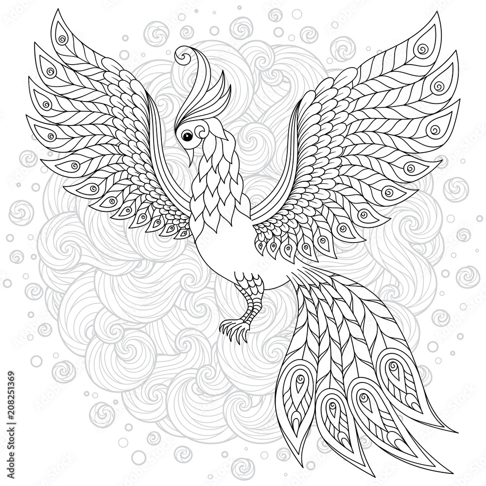 Naklejka premium Firebird for anti stress Coloring Page with high details.