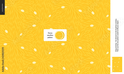 Food patterns, summer - fruit, lemon texture, small half of an lemon image in the center - a seamless pattern of the lemon sour pulp full of white seeds on the yellow background