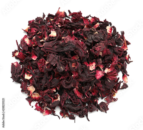 Heap of dry hibiscus tea leaves on white background, top view
