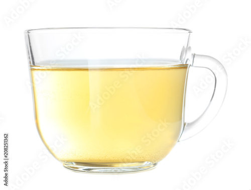 Cup of hot aromatic tea on white background