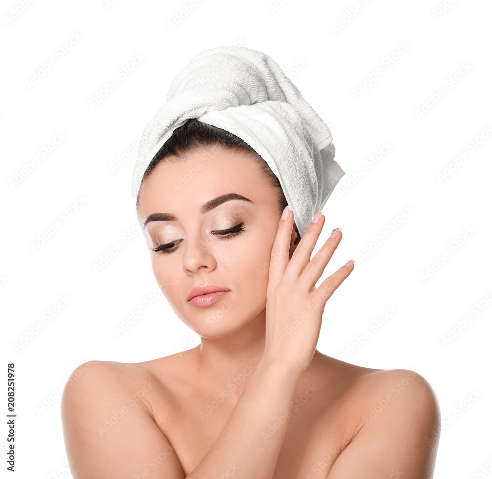Beautiful young woman with silky skin after spa treatment on white background Beautiful young woman with silky skin after spa treatment on white background
