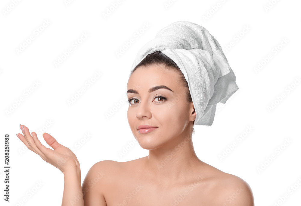 Beautiful young woman with silky skin after spa treatment on white background Beautiful young woman with silky skin after spa treatment on white background