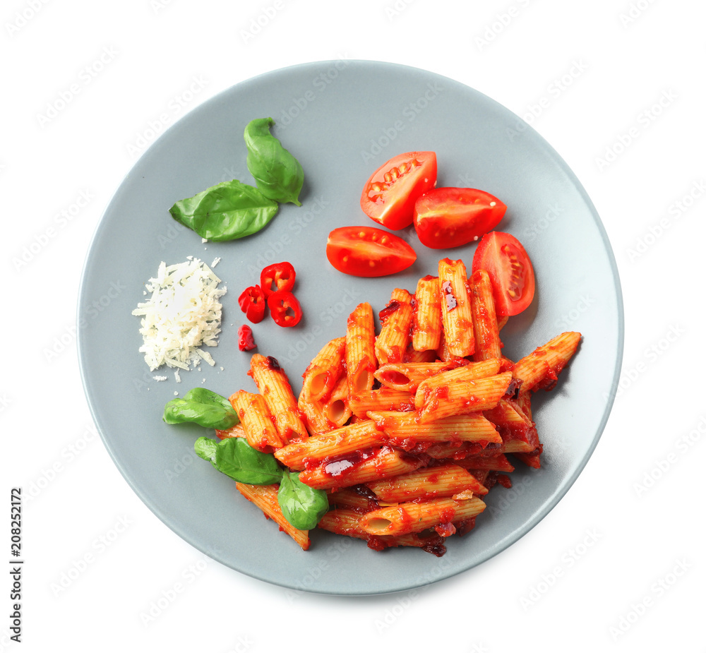 Plate with delicious penne pasta and garnish on white background Plate with delicious penne pasta and garnish on white background