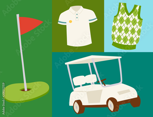 Golf icons hobby car equipment cart player golfing sport symbol flag hole game elements vector illustration.