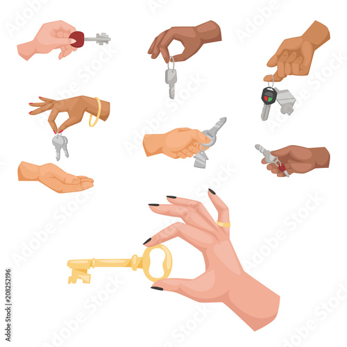 Hand holding key vector apartment selling human gesture sign security house concept arm symbol illustration