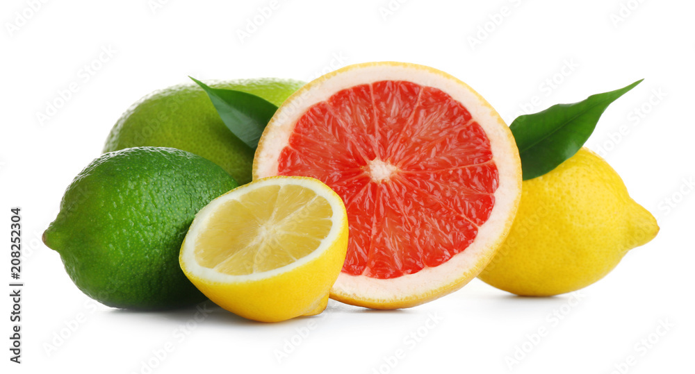 Tasty citrus fruits on white background