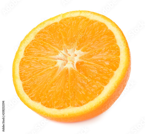 Half of tasty orange on white background
