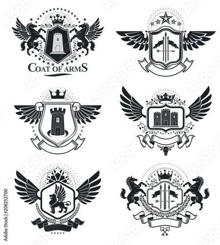 Vintage decorative emblems compositions, heraldic vectors. Classy high quality symbolic illustrations collection, vector set.
