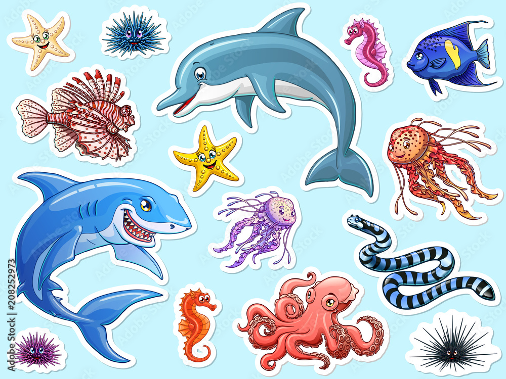 Obraz premium Set cute marine animals colorful on white