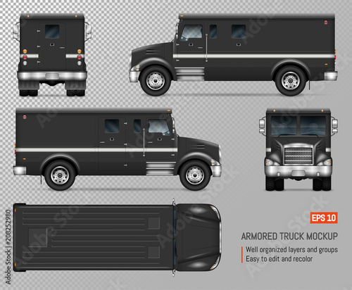 Armored truck vector mockup. on transparent background for vehicle branding, corporate identity. View from left, right, front, back, top sides.