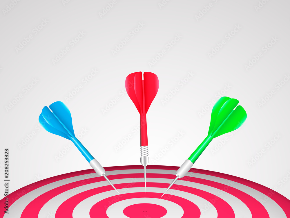 Red darts with blue, green and red javelin. Target concept. Vector illustration.