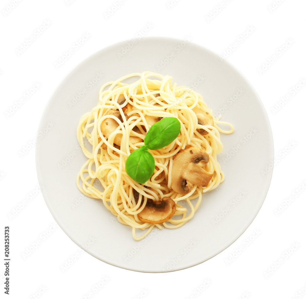 Plate of delicious pasta with mushrooms on white background Plate of delicious pasta with mushrooms on white background