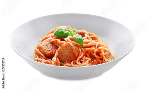 Plate of delicious pasta with meat and tomato sauce on white background