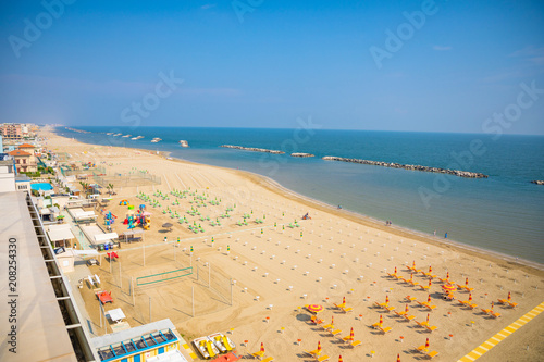Fototapeta Naklejka Na Ścianę i Meble -  A beach in Adriatic sea in Rimini, Italy, aerial view from hotel