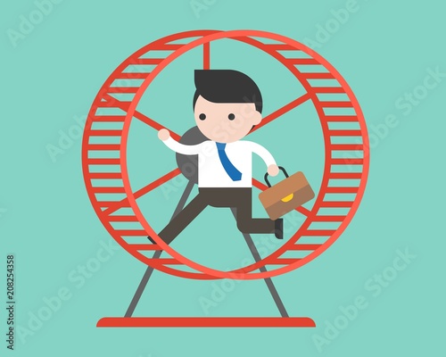 Businessman running in hamster wheel, flat design