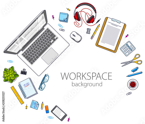 Office employee or entrepreneur work desk workplace with PC computer and diverse stationery objects for work with copy space for text. All elements are easy to use separately. Vector.