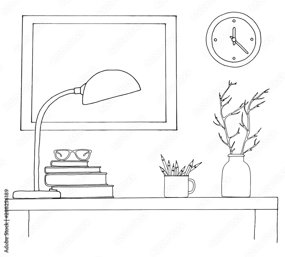 Sketch The Room Office Chair Desk Various Objects On The Table Sketch  Workspace Vector Illustration Stock Illustration - Download Image Now -  iStock