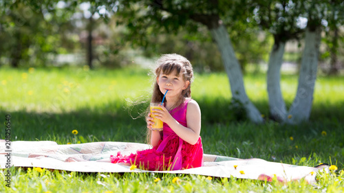 The girl is holding a glass with juice in her hands. Little girl in red dress on picnic in park sits and drinks orange juice. © ALEXEY
