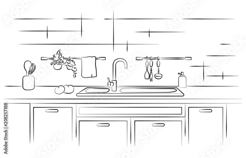 Kitchen worktop with sink. Linear sketch vector illustration