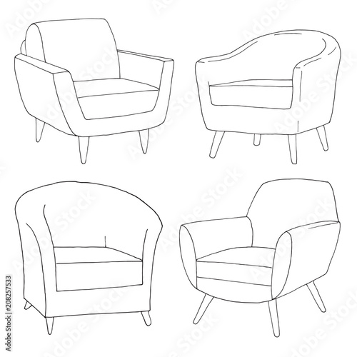 Set of different soft armchairs. Linear sketch. Vector illustration.