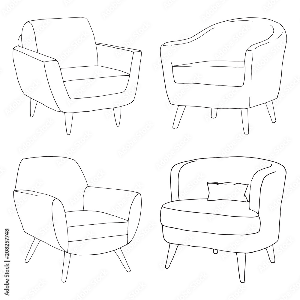 Set of different soft armchairs. Linear sketch. Vector illustration