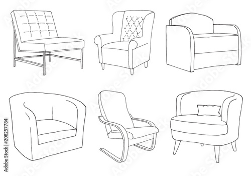 Set of different soft armchairs. Linear sketch. Vector illustration.