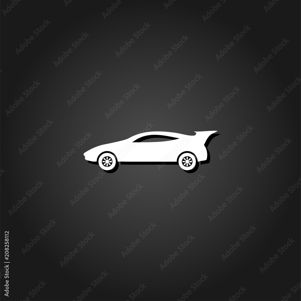 Sport car icon flat. Simple White pictogram on black background with shadow. Vector illustration symbol - obrazy, fototapety, plakaty 