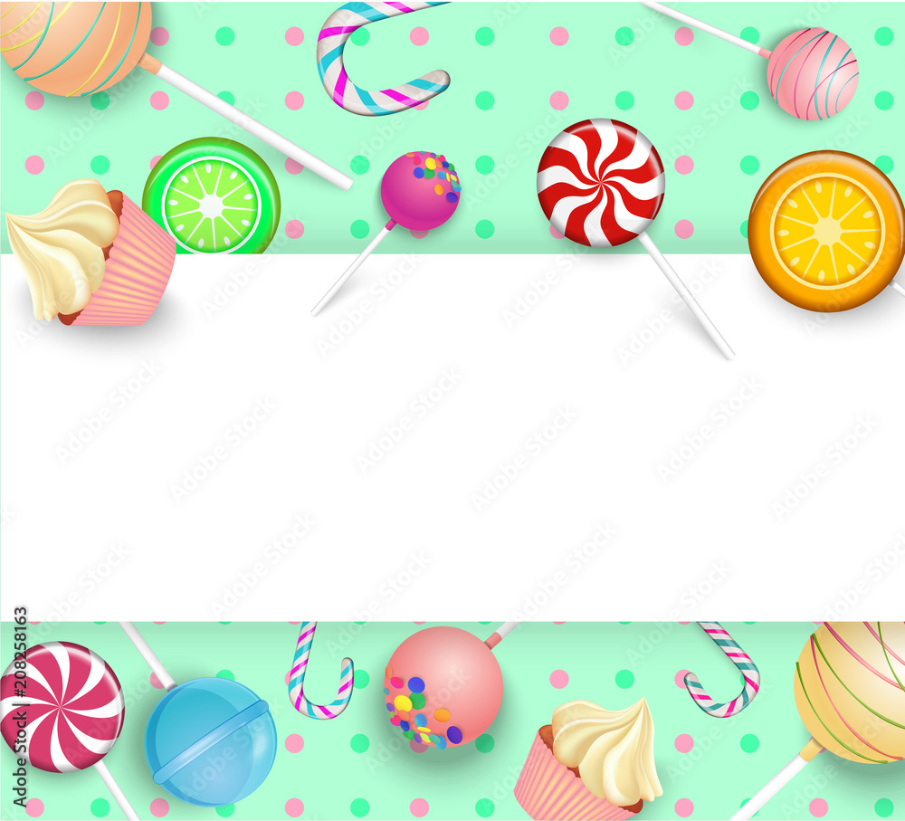 White and green background with color lollipops. White and green background with color lollipops.