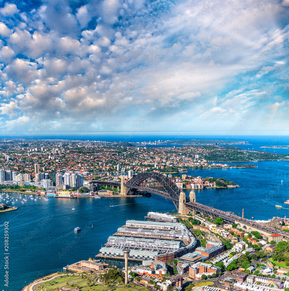 Helicopter view of Sydney Harbor Bridge and city skyline, Australia