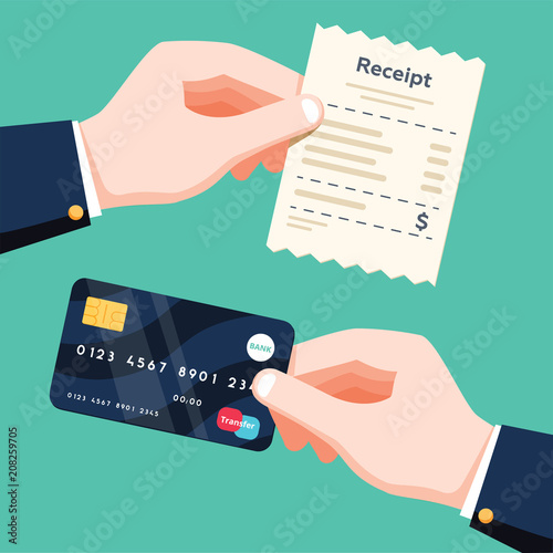 Hand holding receipt and hand holding credit card. Cashless payment concept. Flat design vector isolated illustration