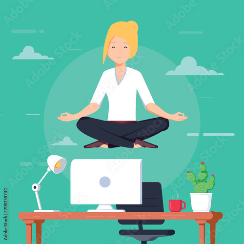 Businesswoman doing yoga to calm down the stressful emotion from hard work in office over desk with office