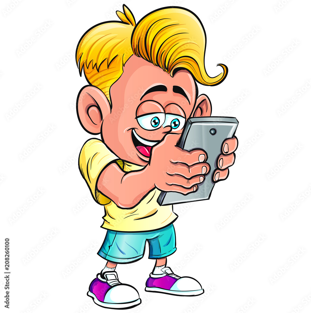 Cartoon kid enjoying his mobile phone Stock Vector | Adobe Stock
