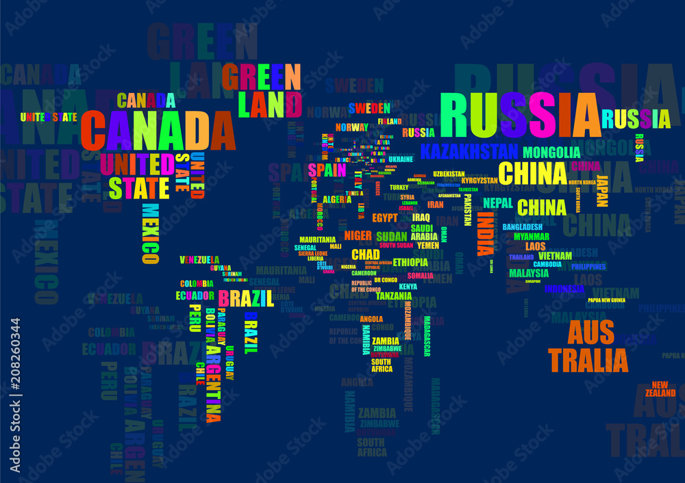 Typography colorful world map with country names Stock Vector | Adobe Stock