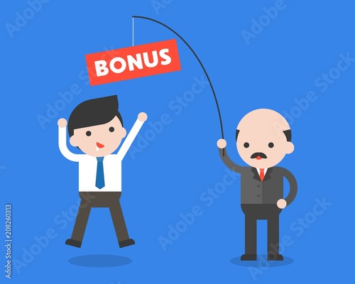 Boss or CEO holding fishing rod with bonus for fishing workers, flat design of employee motivation concept