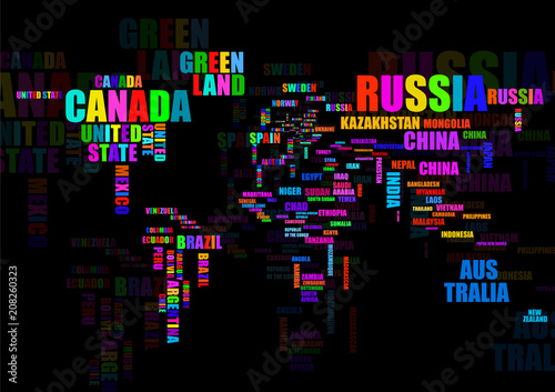 Typography colorful world map with country names