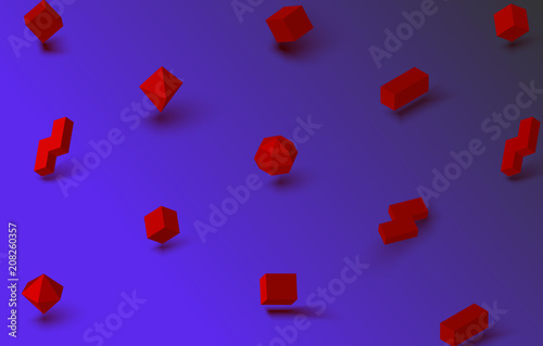 Blue abstract background with red 3d geometric figures.