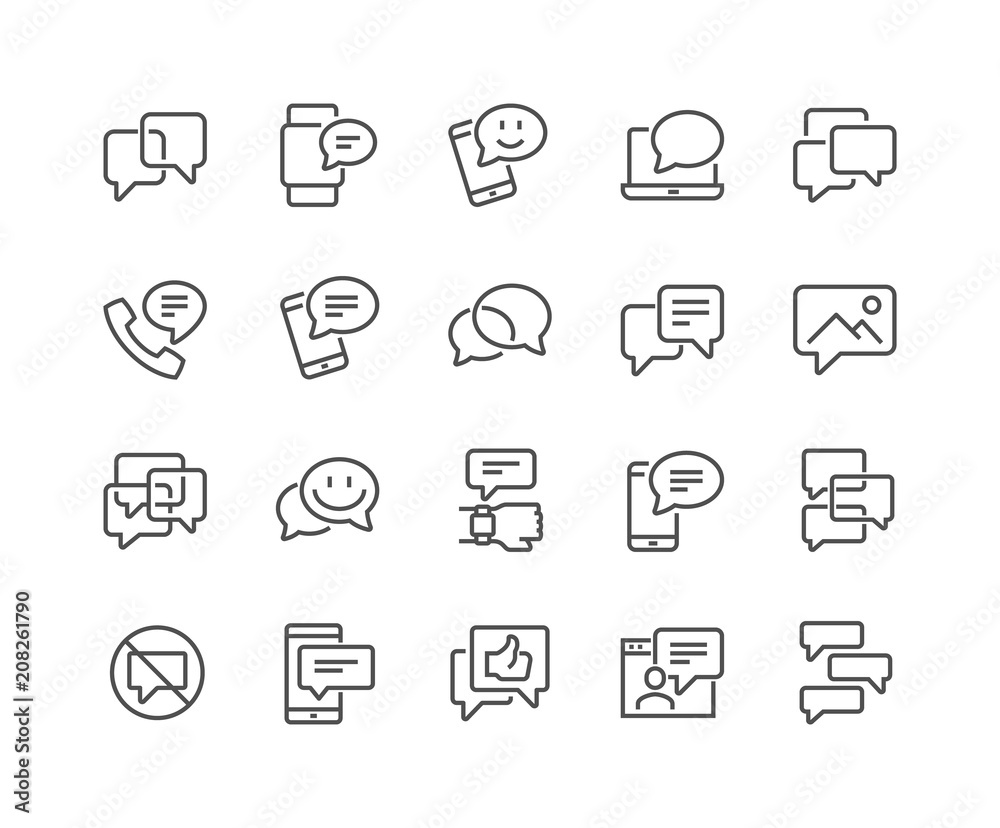 Simple Set of Message Related Vector Line Icons. Contains such Icons as Conversation, SMS, Notification, Group Chat and more. Editable Stroke. 48x48 Pixel Perfect.