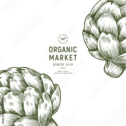 Vintage artichoke organic market design template. Organic vegetables. Vector illustration