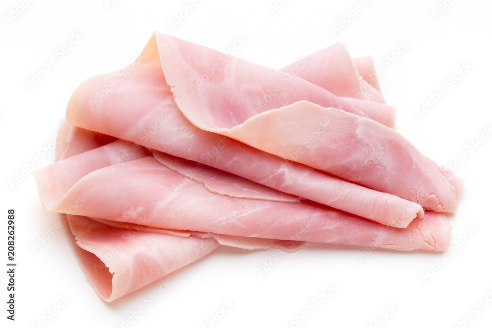 Sliced boiled ham sausage isolated on white background, top view. - obrazy, fototapety, plakaty 