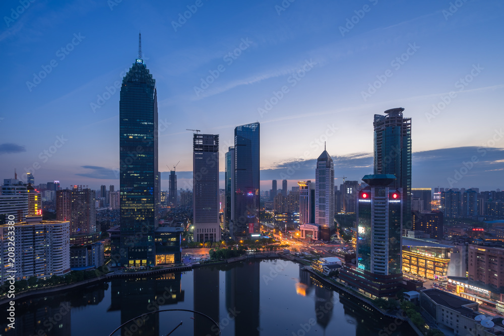 Fototapeta premium Wuhan, CHINA cityscape of Wuhan city at night.Panoramic skyline and buildings