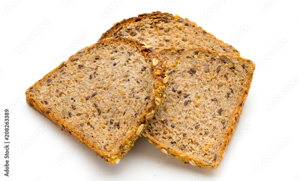 Whole wheat bread isolated on white background.