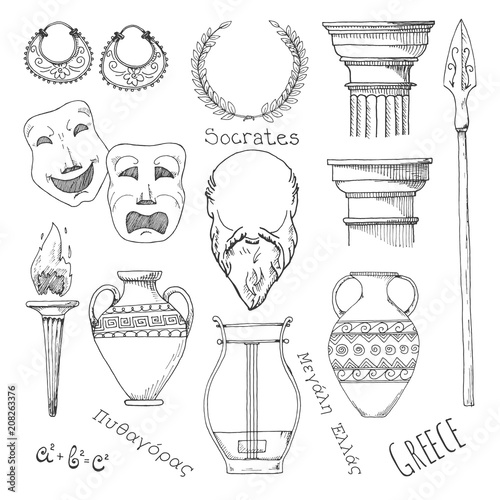 Set of elements of Greek culture. Welcome to Greece. Vector illustration in sketch style.