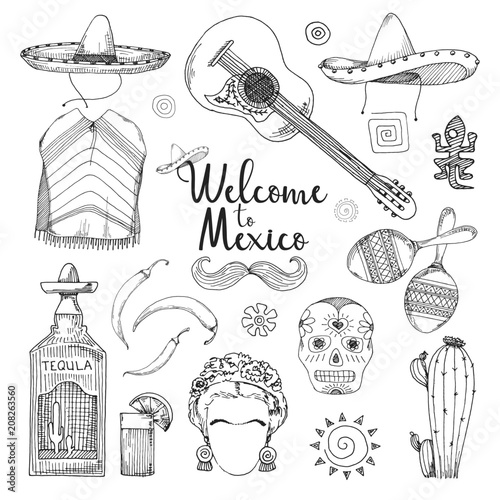 Set of elements of Mexican culture. Welcome to Mexico. Vector illustration in sketch style.