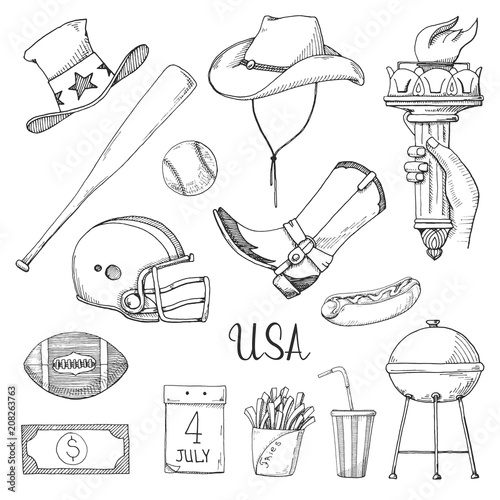 Set of elements of American culture. Welcome to USA. Vector illustration in sketch style.