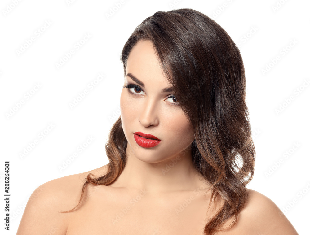 Fototapeta premium Portrait of young woman with beautiful professional makeup on white background